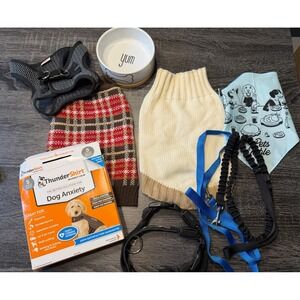 Small Dog Accessories Bundle Sweaters Harness Leashes ThunderShirt Bowl Lot